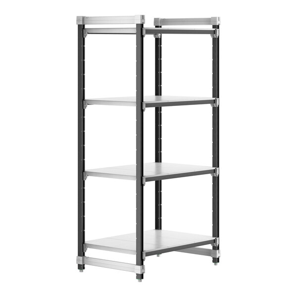 A black and silver Cambro Camshelving® Elements XTRA 4-shelf unit.