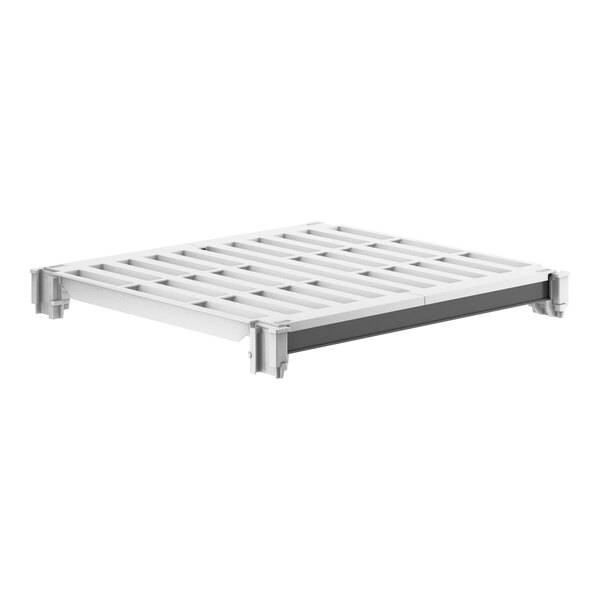 A white plastic Cambro Camshelving Elements shelf with black vented top.