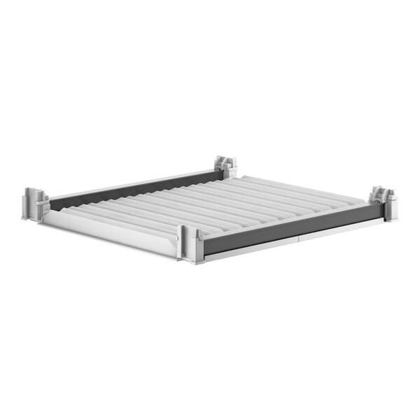 A white metal Camshelving® shelf with grey vents.