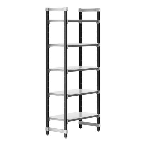 A black and silver Cambro Camshelving® Elements XTRA 5-shelf unit.