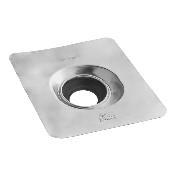An Oatey silver metal roof flashing with a hole in the center.