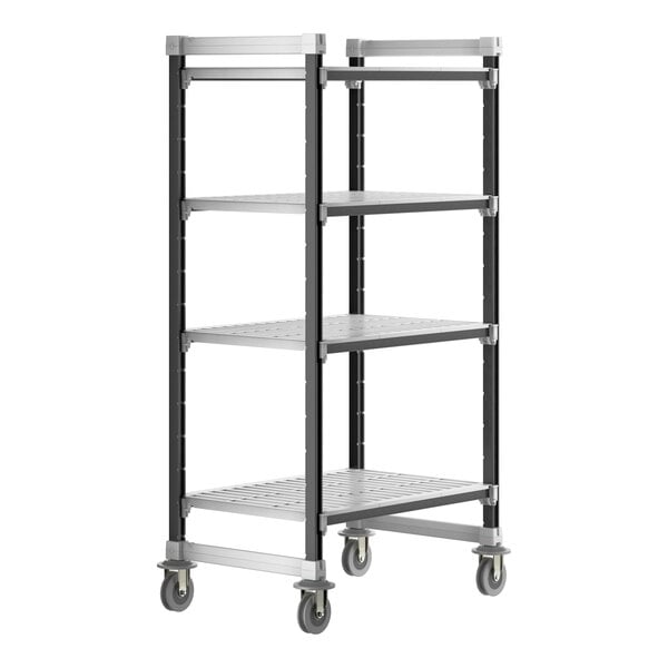 A metal Cambro Camshelving unit with wheels.