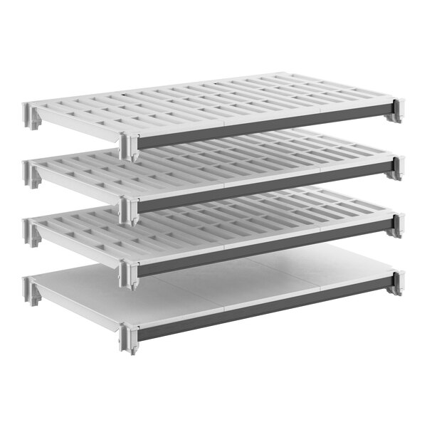 A four-shelf kit with three vented shelves and one solid shelf, designed for storage and organization.