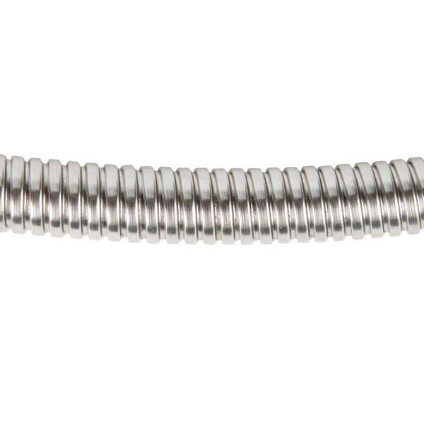 A close-up of Equip by T&S 68" stainless steel hose with a silver spiral wire.
