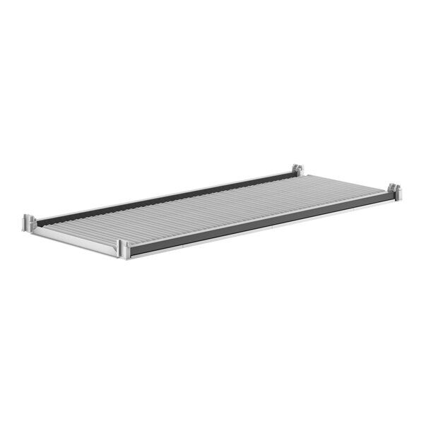 A grey metal Cambro Camshelving® shelf with metal rods.