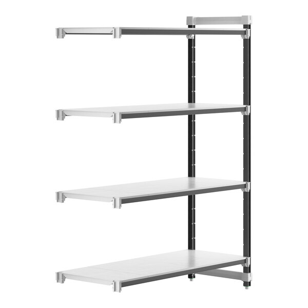 A white Cambro Camshelving Elements XTRA add-on unit with 4 shelves.