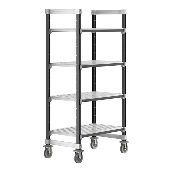 A black metal Cambro Camshelving unit with wheels and four vented shelves.
