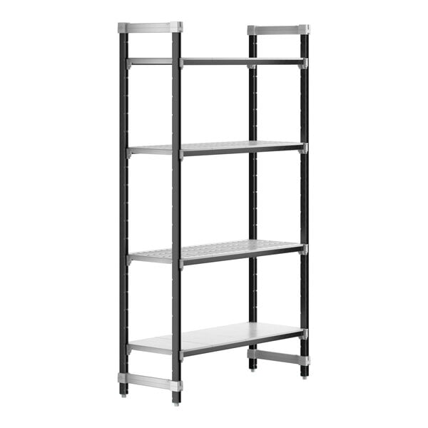 A black and silver Cambro Camshelving® Elements XTRA 4-shelf starter unit.