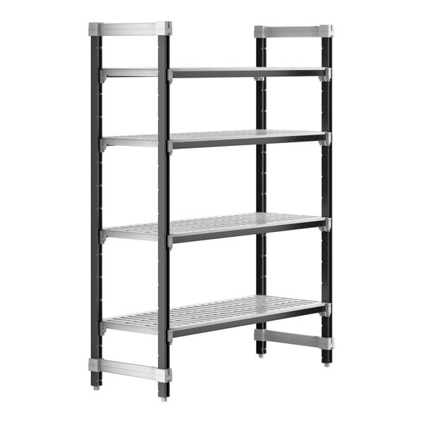 A close-up of a Cambro Elements XTRA 4-shelf unit.