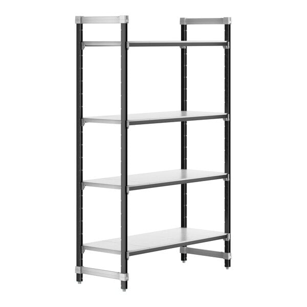 A black and silver metal Cambro Camshelving Elements starter unit with four shelves.