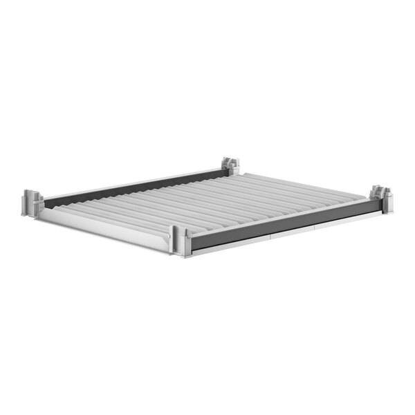 A white metal shelf with metal rails.