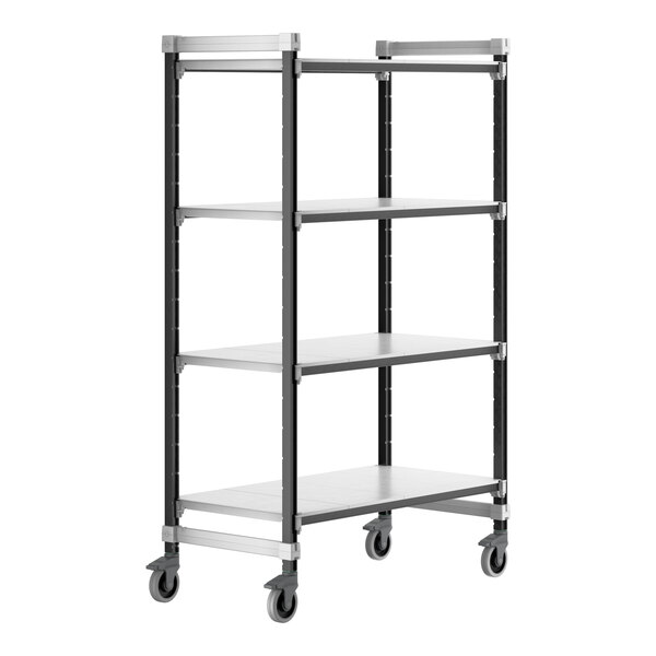 A black and grey Cambro Camshelving® Elements XTRA 4-shelf mobile unit.