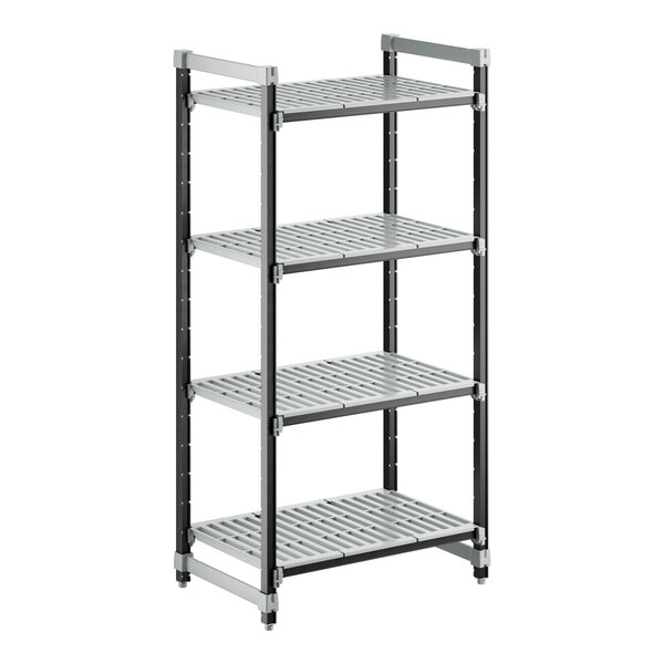 A Cambro Camshelving Elements metal shelving unit with four shelves.