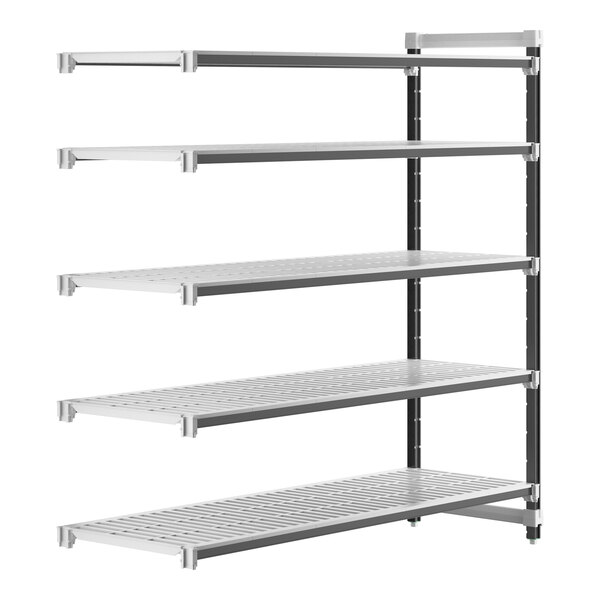 A white metal shelf with five shelves.