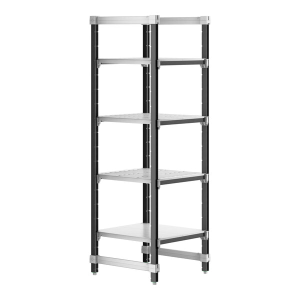 A black and silver Cambro Camshelving® Elements XTRA 4-shelf unit.