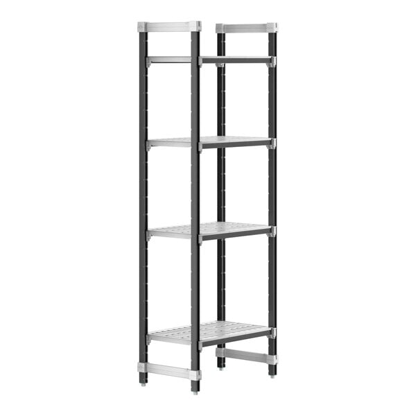 A black and silver Cambro Camshelving® Elements XTRA 4-shelf unit.