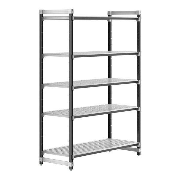 A Cambro Camshelving Elements XTRA 5-shelf unit with black trim.