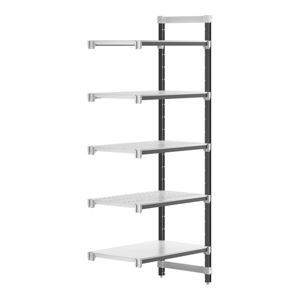 A metal Cambro Camshelving Elements XTRA add-on unit shelf with four shelves.