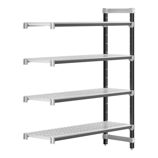 A white metal Cambro Camshelving Elements add-on unit with black legs and vents.
