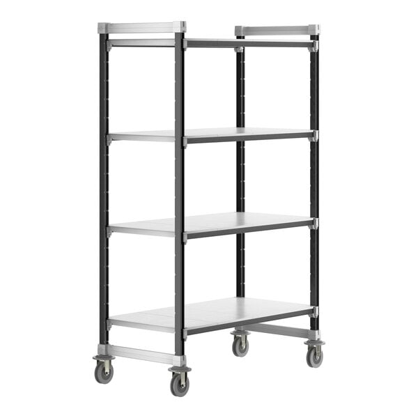 A black and silver Cambro Camshelving unit with wheels and four solid shelves.