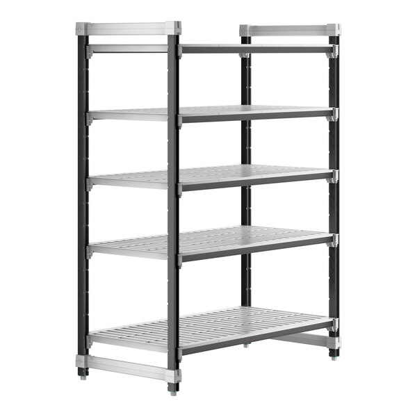 A black metal Cambro Camshelving unit with four vented shelves.