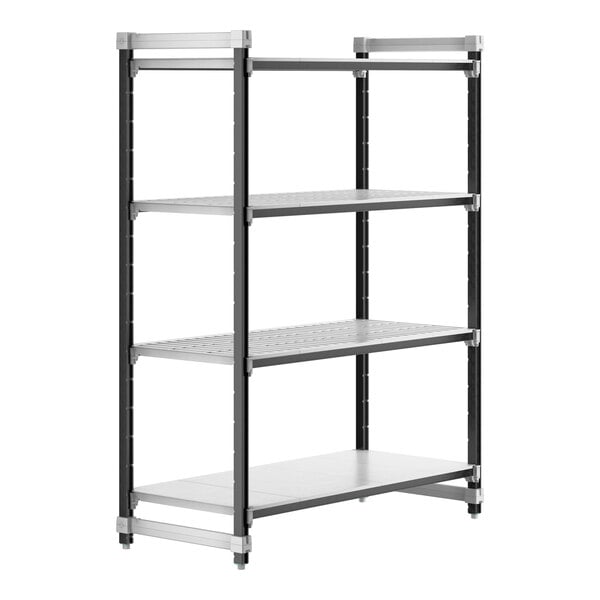 A metal Cambro Camshelving® Elements XTRA 4-shelf unit.