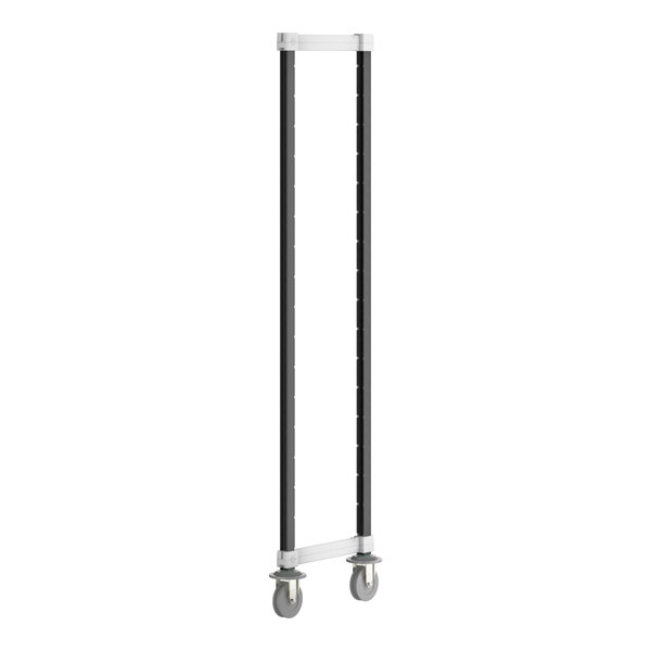 A black and white metal Camshelving track system post with wheels.