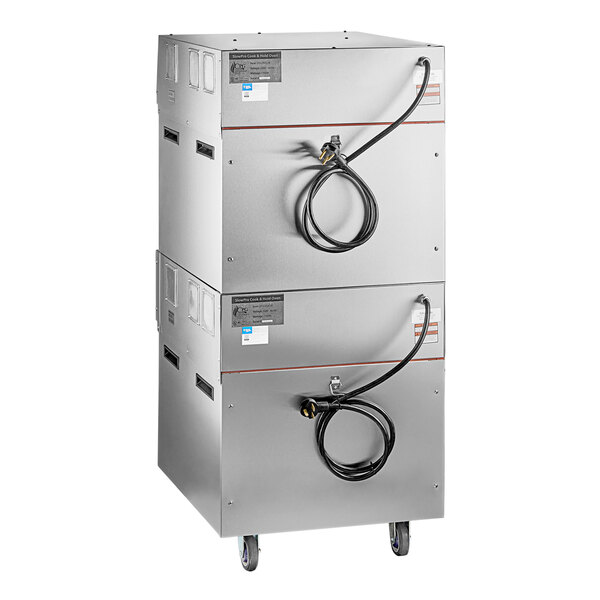 A grey rectangular Cooking Performance Group SlowPro Stacked Cook and Hold Oven with black wires.