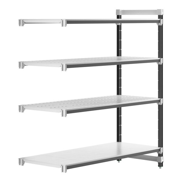 A white metal Cambro Camshelving® Elements XTRA add-on unit with 4 shelves.