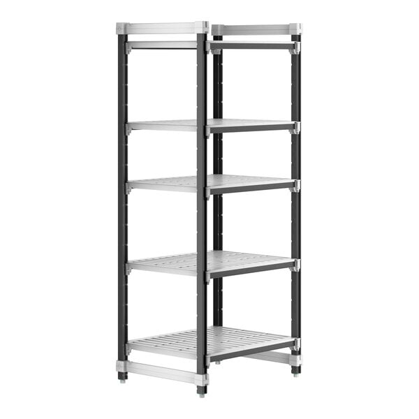 A metal Camshelving unit with four vented shelves and black trim.