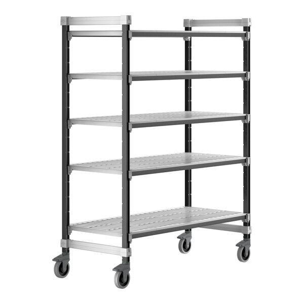 A grey metal Cambro Camshelving Elements mobile unit with 5 vented shelves and wheels.