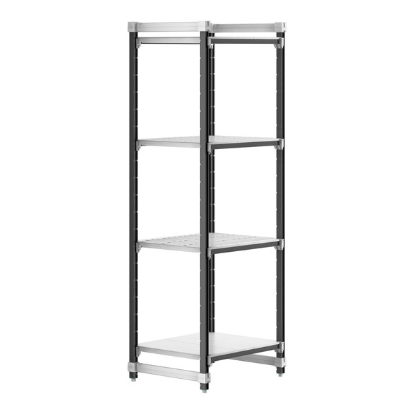 A black Cambro Camshelving&#174; Elements XTRA 4-shelf starter unit. The shelves are white.