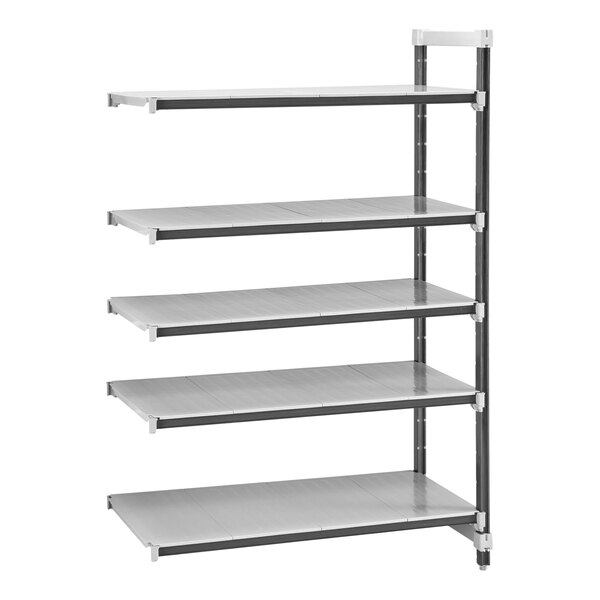 A Cambro metal shelf with four shelves on a white background.