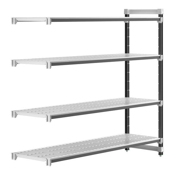 A metal shelf with four shelves from Cambro's Elements series.