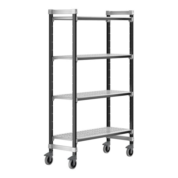 A black metal Cambro Camshelving Elements mobile unit with vented shelves on wheels.