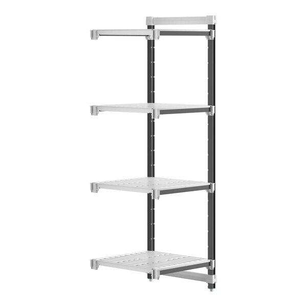 A white and grey Cambro Camshelving Elements XTRA add-on unit with four shelves.