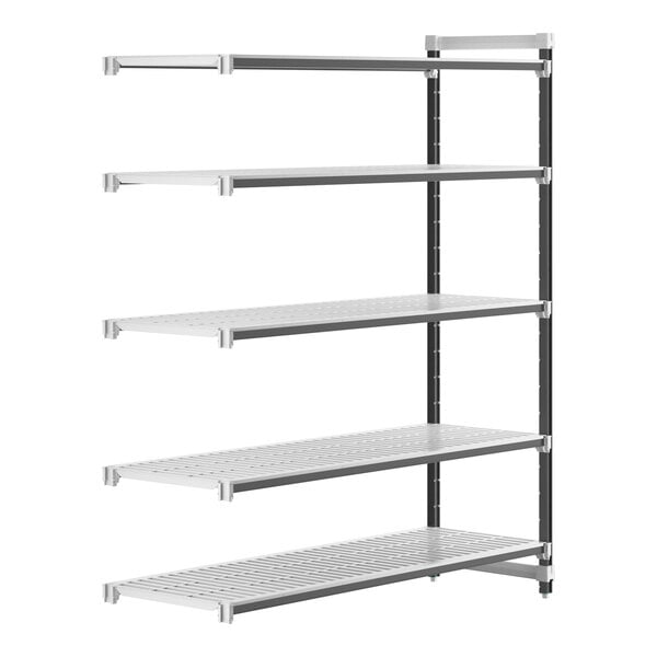 A white metal Cambro Camshelving Elements add-on unit with 5 shelves.