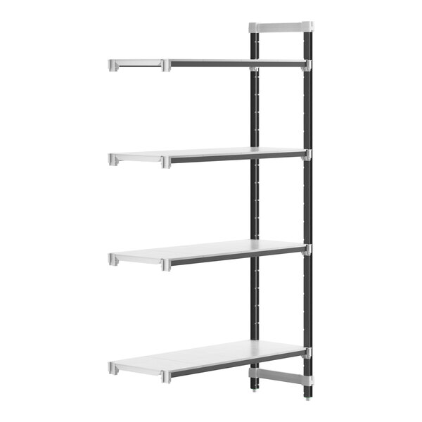 A white Cambro Camshelving Elements XTRA add-on unit with black metal shelves.