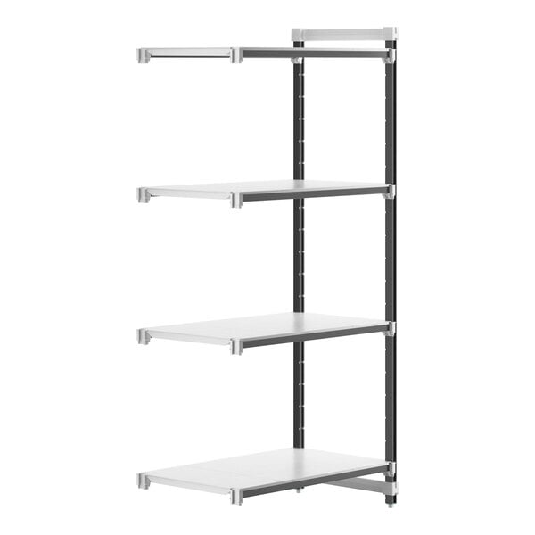 A white Cambro Camshelving® Elements XTRA 4-Shelf Add-On Unit with black trim.