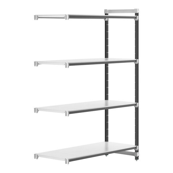 A white Cambro Camshelving Elements XTRA add-on shelf with a black border.
