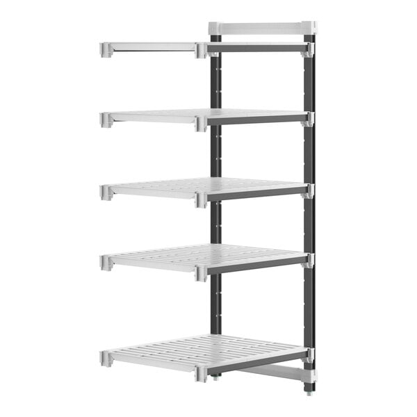 A white Cambro Camshelving Elements add-on unit with black vented shelves.