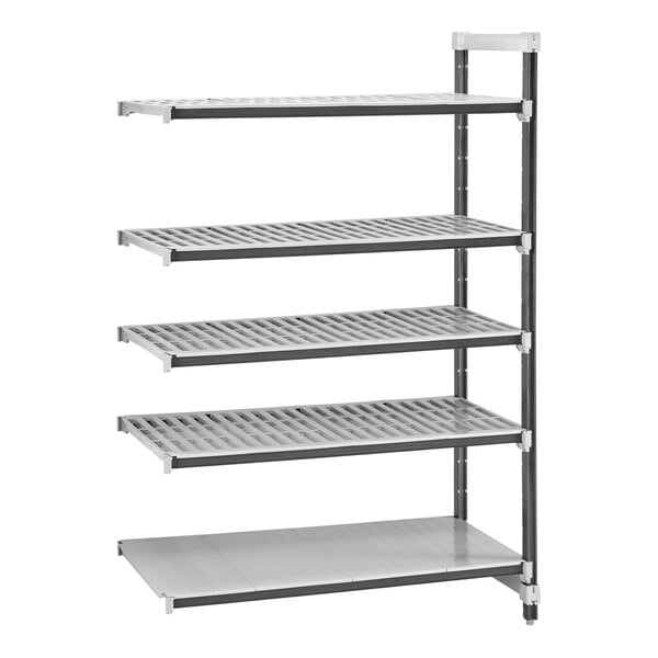 A grey Cambro Camshelving Elements XTRA add-on unit with four shelves.