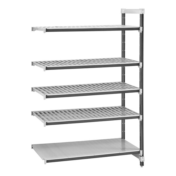 A grey Cambro Elements XTRA 5-shelf add-on unit for Camshelving with metal shelves.