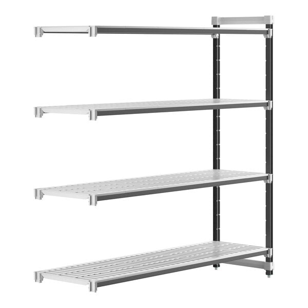 A metal shelving unit with four shelves from Cambro's Elements series.