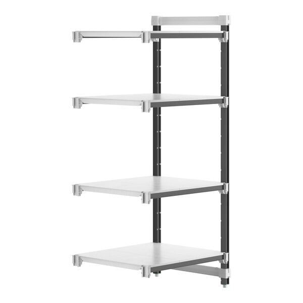 A white metal Cambro Camshelving Elements add-on unit with four shelves.