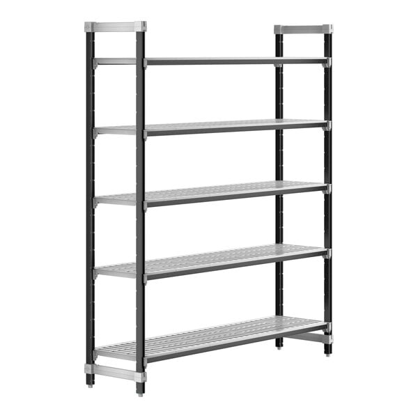 A metal Cambro Camshelving unit with five shelves.