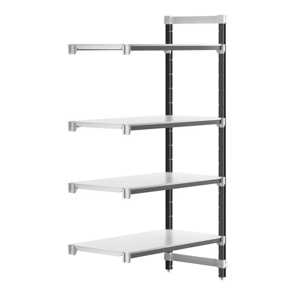 A white Camshelving® Elements XTRA add-on unit with black legs and four shelves.