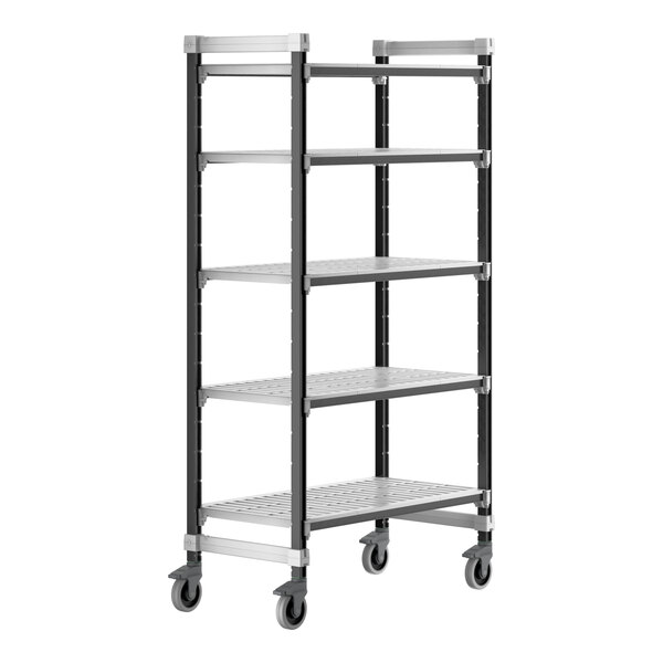 A metal Cambro Camshelving Elements unit with vented shelves and wheels.