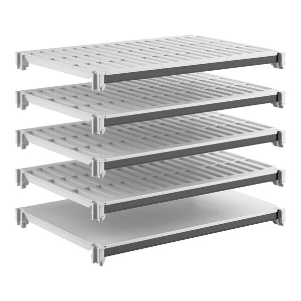A set of five gray shelving units designed for modular storage.