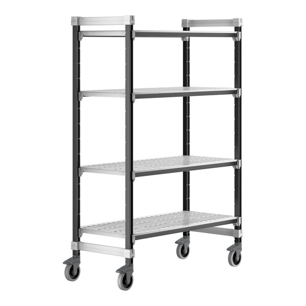 A metal Cambro Camshelving® Elements unit with vented shelves on wheels.